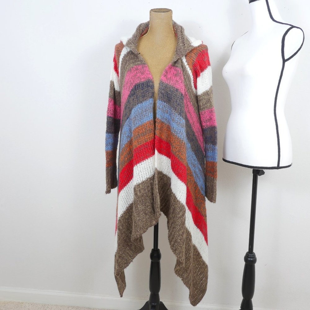 Ashley Brown White Red Long Sleeve Uneven hem Hooded Light Weight SZ L Cardigan